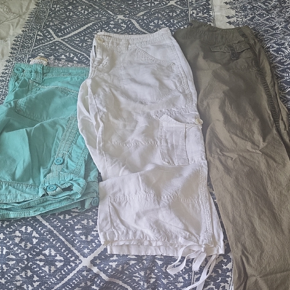Casual Pants Trio in Mint, White, and Forest Green.
